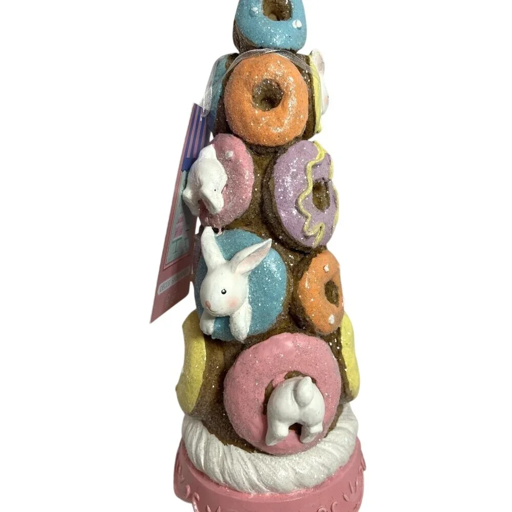 Sweet Treats Bunny Donut Topiary Figurine Pastel Bunny Pedestal Cottage Decor NT